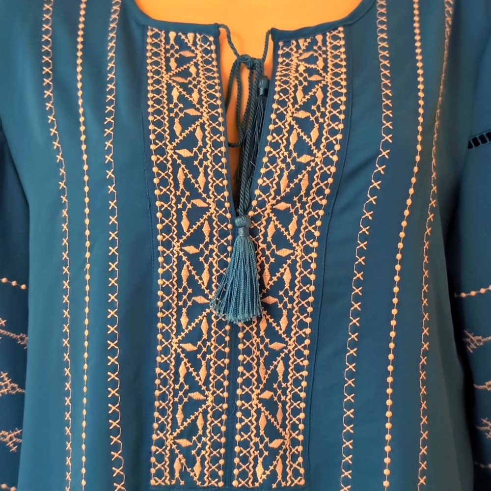 Jones New York Blue and White Embellished Bell Sleeve Tunic - Picture 2 of 10